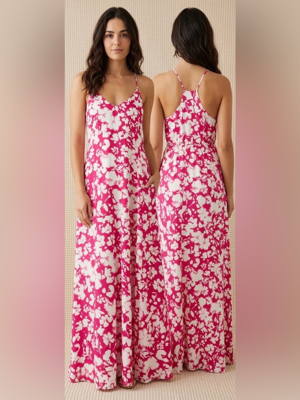 Nicole Miller Maxi Slip Dress with Pockets Floral Pink & White L